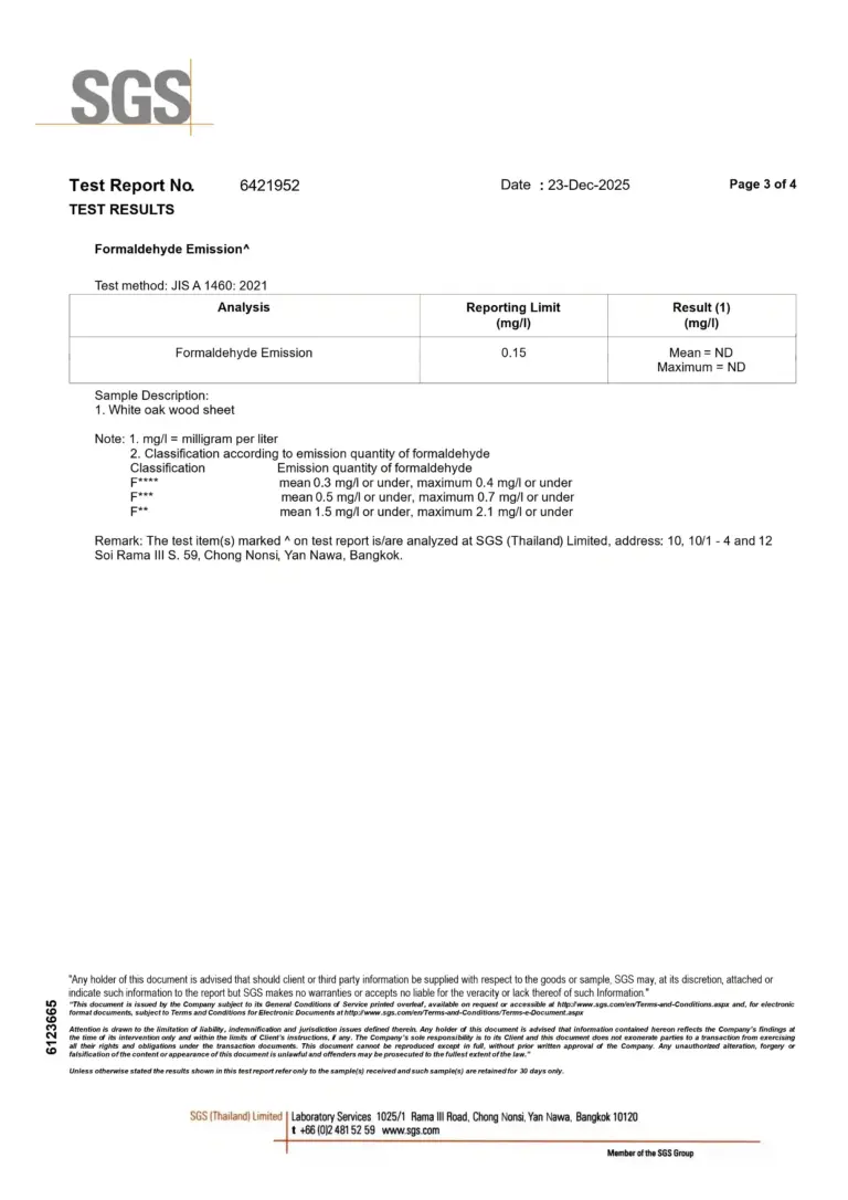ผลทดสอบ ไม้พื้นเอ็นจิเนียร์ K.S. WOOD แบบ Multilayer ได้รับค่ามาตรฐาน Super E0 จากญี่ปุ่น JIS ปลดปล่อยสารระเหยน้อยมาก หรือแทบไม่ปลดปล่อย ลงน้ำยากันปลวกในเนื้อกาว