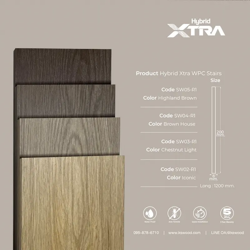 ไม้บันได Hybrid XTRA Stair มีสีให้เลือกครบทุกสไตล์ ทั้งงานมินิมอล โมเดิร์น หรือลักชูรี ครบจบทุกงานบันไดไม้เทียม ลูกนอน ลูกตั้ง บัวตัวจบ จมูกบันได