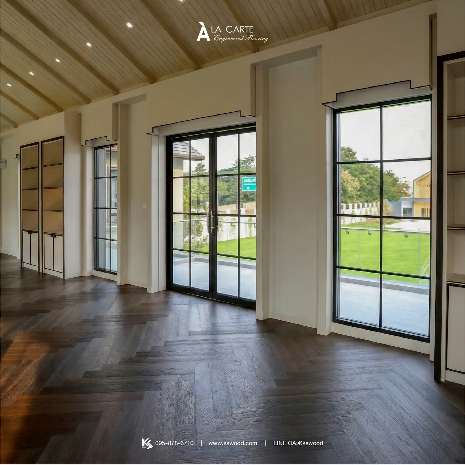 Project Reference งานติดตั้งจริง ไม้พื้นเอ็นจิเนียร์ Multilayer K.S. WOOD บ้านพักส่วนบุคคล ปูลายก้างปลา หรือ Herringbone Pattern ผลิตจากไม้จริงเต็มแผ่น เคลือบผิวกันความชื้น และกาวมาตรฐาน Super E0 ปลอดภัยต่อผู้ใช้งานในระยะยาว รับประกันเรื่องปลวก 5 ปี