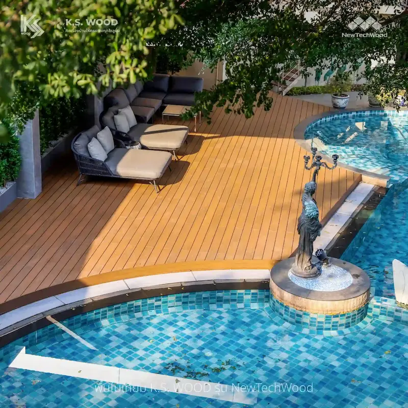 Project Reference งานติดตั้งพื้นรอบสระน้ำ พื้นไม้เทียมภายนอก K.S. WOOD  เคลือบผิวพิเศษ รับประกันสินค้านาน 25 ปี